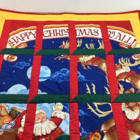 Vtg Handmade Happy Christmas To All Santa Attic Windows Holiday Wall Quilt 28X37 - Picture 1 of 4